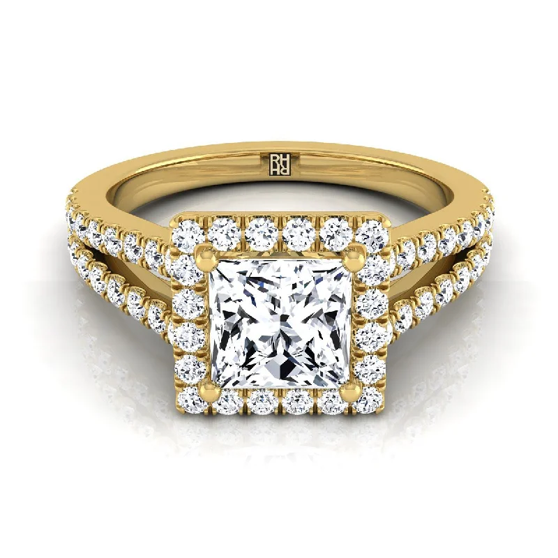 silver engagement rings-14K Yellow Gold Princess Cut Split Shank and Diamond Pave Halo Engagement Ring -1/2ctw