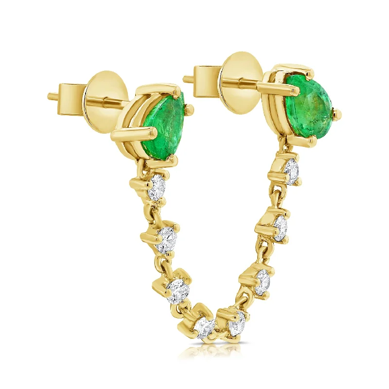 Stylish drop earrings with gemstones -Double Emerald Chain Earring