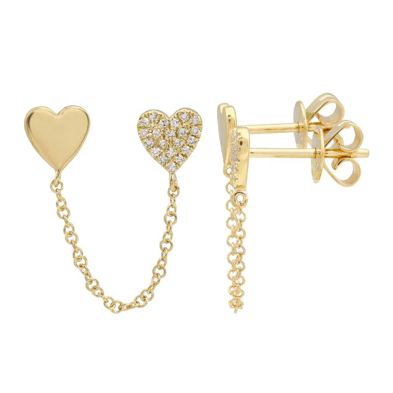 Luxurious gemstone stud earrings -Double Heart Solid and Diamond Chain Earring (Single)