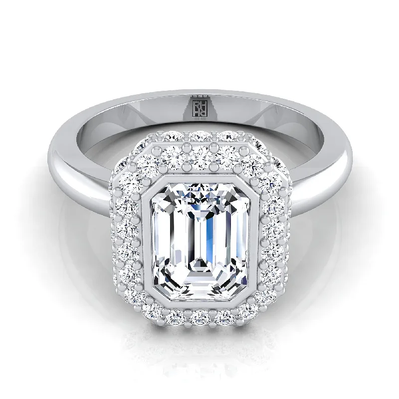 engagement rings with custom sapphire stones-14K White Gold Emerald Cut Bezel Pave 3D Halo Solitaire Engagement Ring