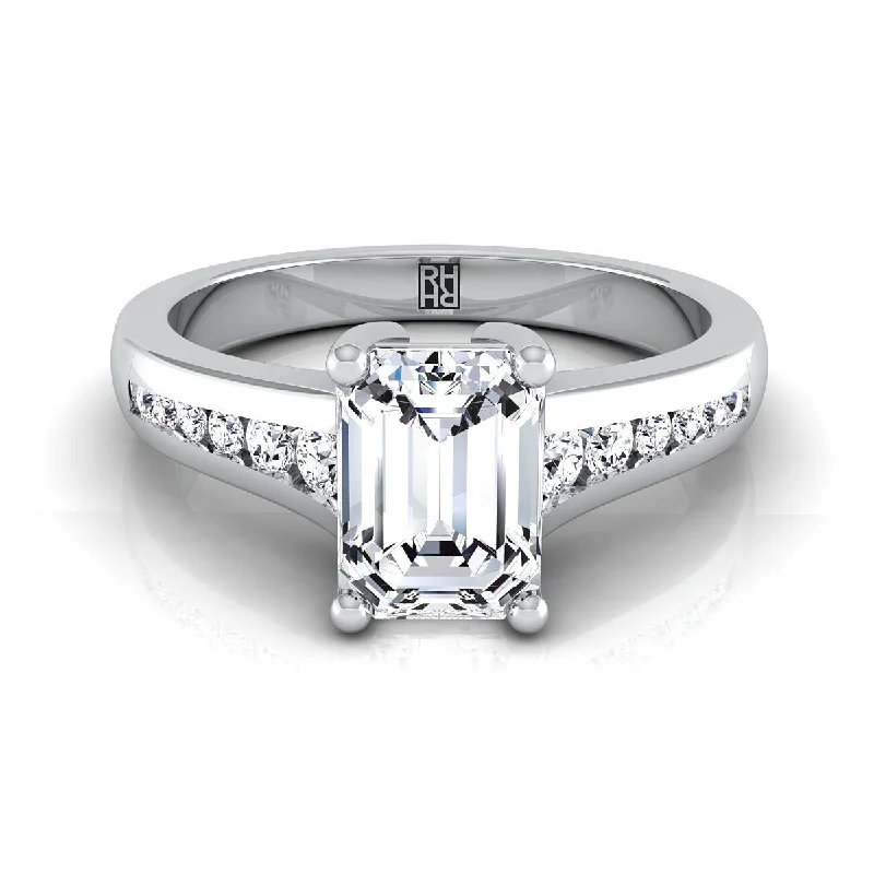 wedding rings with black diamonds-18K White Gold Emerald Cut Contemporary Tapered Diamond Channel Engagement Ring -1/6ctw