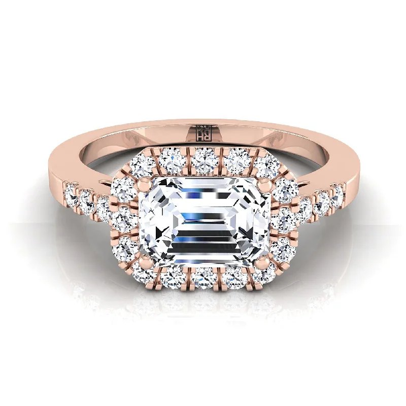 men’s engagement rings with vintage settings-14K Rose Gold Emerald Cut Diamond Horizontal Fancy East West Halo Engagement Ring -1/3ctw