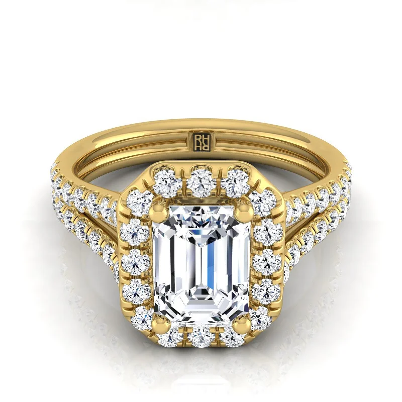 rings for women with customized gemstones-14K Yellow Gold Emerald Cut Diamond French Pave Split Shank Halo Engagement Ring -5/8ctw