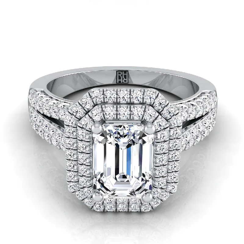 engagement rings with oval diamonds for women-14K White Gold Emerald Cut Extraordinary Three Tier Diamond Halo Crown Engagement Ring -7/8ctw