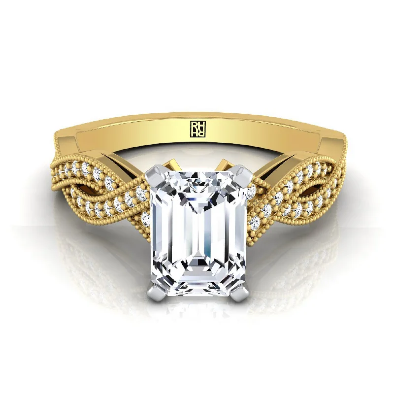 engagement rings for women-14K Yellow Gold Emerald Cut Antique Twisted Open Beaded Diamond Halo Engagement Ring -1/5ctw