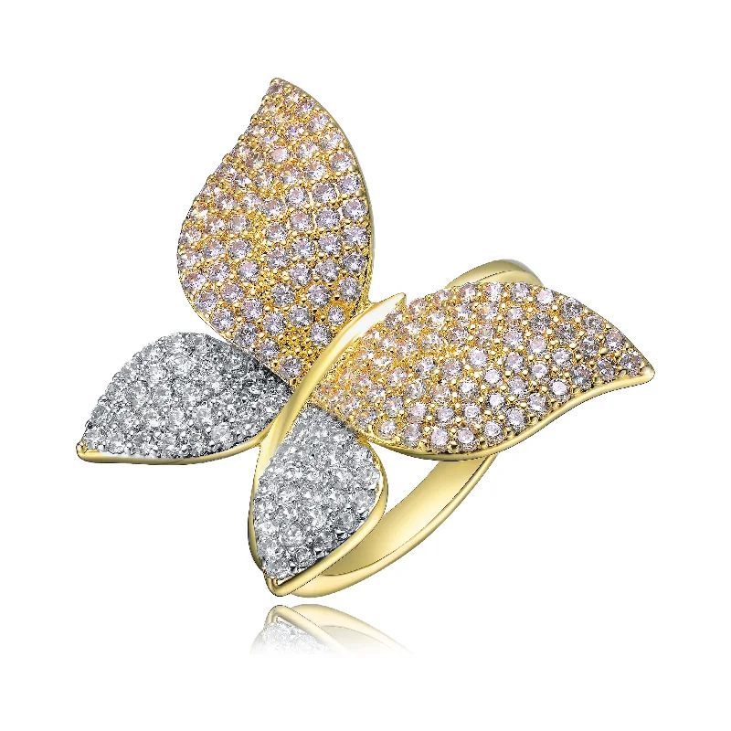 silver engagement rings-Ga 14k Gold Plated With Diamond Cubic Zirconia Large Garden Butterfly Ring