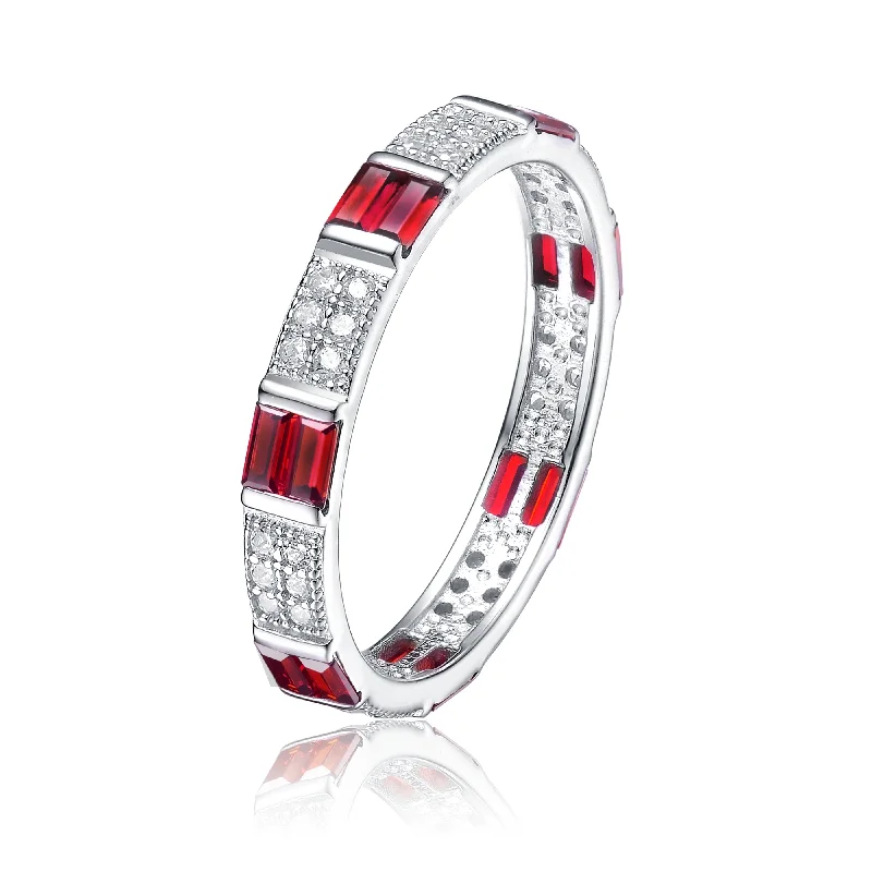 wedding bands for men with multi-colored diamonds-Ga Sterling Silver White Gold Plated With Ruby Baguette & Round Diamond Cubic Zirconia Eternity Wedding Band Stacking Ring