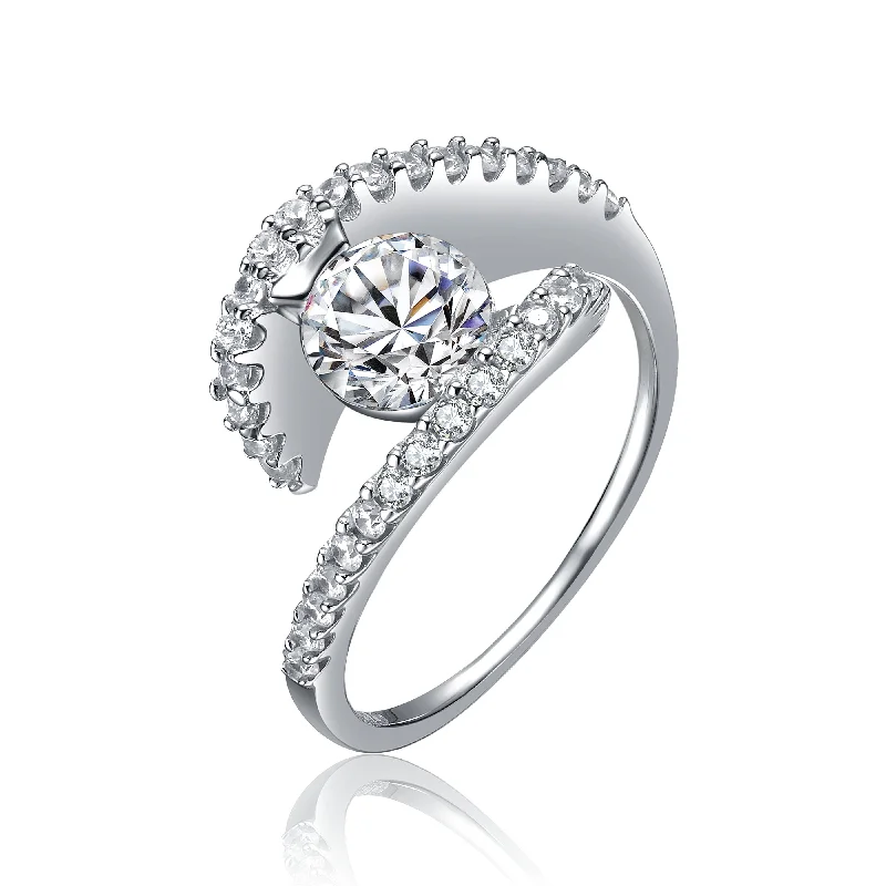 men’s rings with diamond inlays-GENEVIVE Sterling Silver Cubic Zirconia Pave Bypass Ring