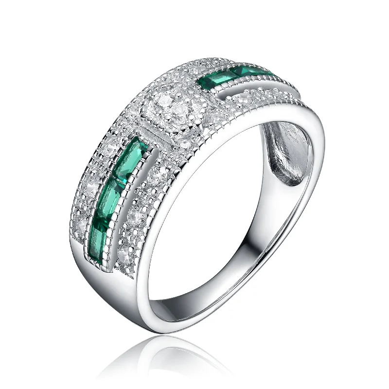 custom rings with square diamond cuts-GENEVIVE Sterling Silver Emerald Cubic Zirconia Pave Cocktail Ring