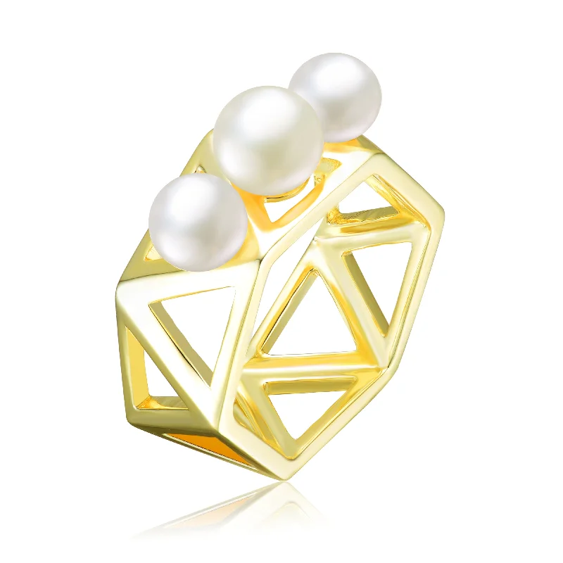 women’s wedding rings with vintage gemstones-GENEVIVE Sterling Silver Gold Plated Freshwater Pearls Geometric Ring