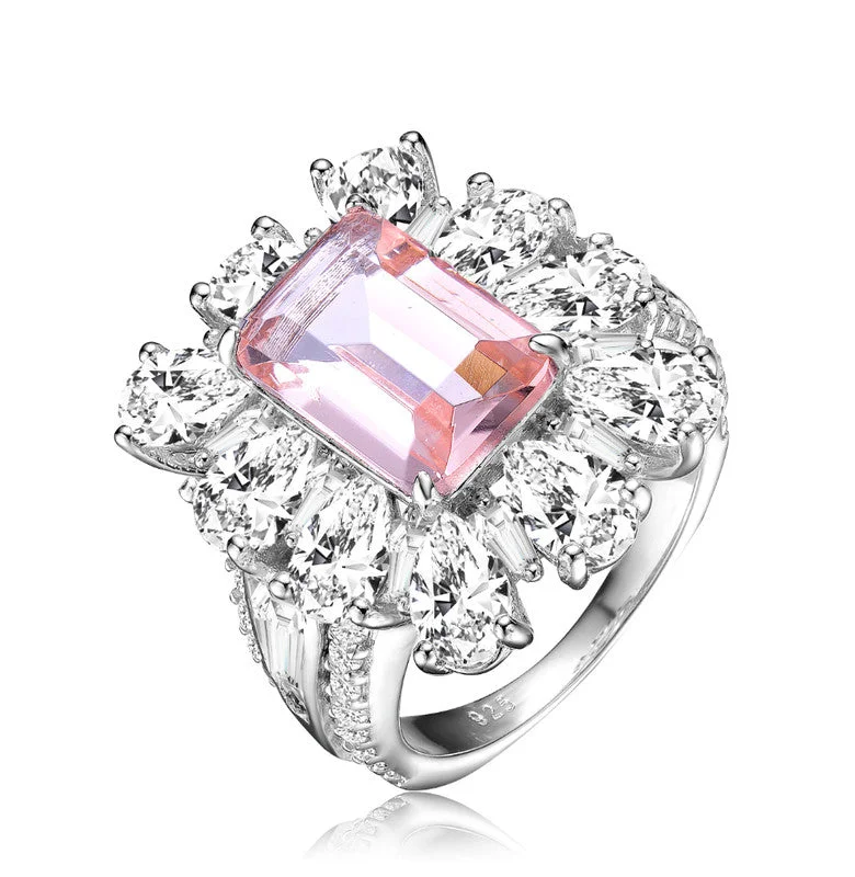 stylish rings for women-GENEVIVE Sterling Silver Morganite Cubic Zirconia Halo Coctail Ring