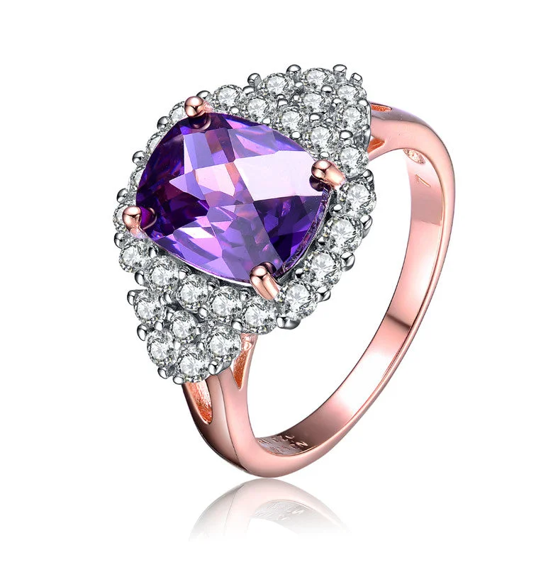 men’s gemstone rings-GENEVIVE Sterling Silver Rose Gold Plated Amethyst Cubic Zirconia Pave Cocktail Ring