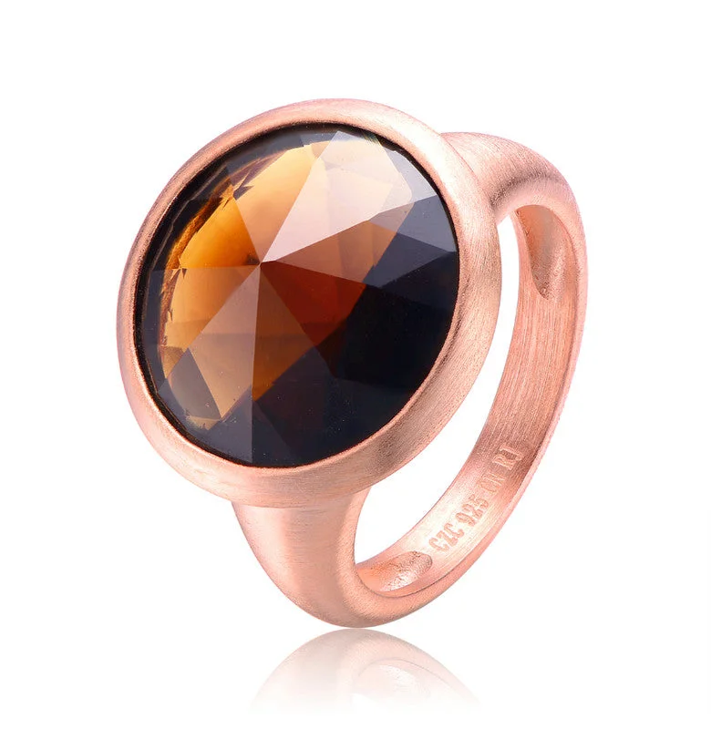 engagement rings with opals-GENEVIVE Sterling Silver Rose Gold Plated Brown Cubic Zirconia Coctail Ring