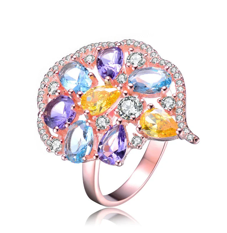 luxury wedding rings for men-GENEVIVE Sterling Silver Rose Gold Plated Multi Colored Cubic Zirconia Coctail Ring