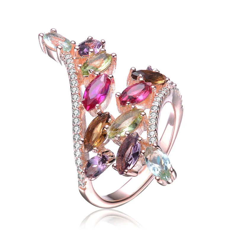 engagement rings with rubies for women-GENEVIVE Sterling Silver Rose Gold Plated Multi Colored Cubic Zirconia Coctail Ring