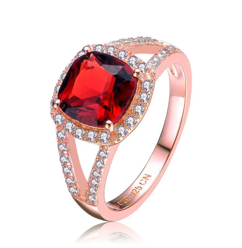 men’s wedding bands with unique designs-GENEVIVE Sterling Silver Rose Gold Plated Ruby Cubic Zirconia Cocktail Ring