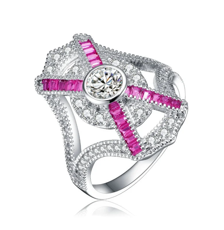 engagement rings with round diamond centerpieces-GENEVIVE Sterling Silver Ruby Cubic Zirconia Geometrical Coctail Ring