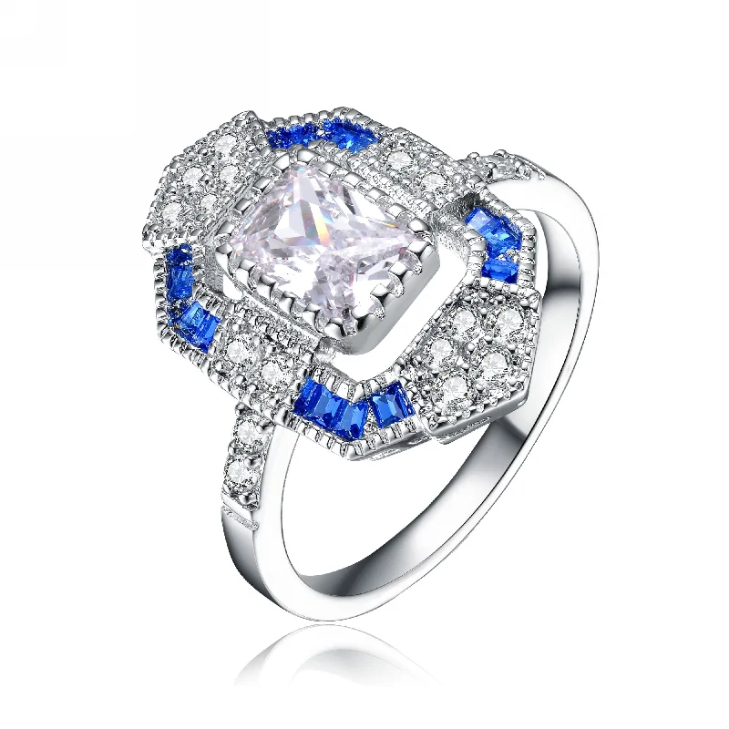 engagement rings with multi-gemstone settings-GENEVIVE Sterling Silver Sapphire Cubic Zirconia Coctail Ring