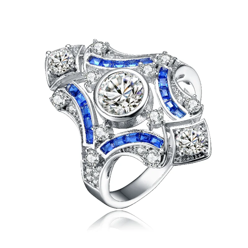 engagement rings for women with mixed metals-GENEVIVE Sterling Silver Sapphire Cubic Zirconia Geometrical Coctail Ring