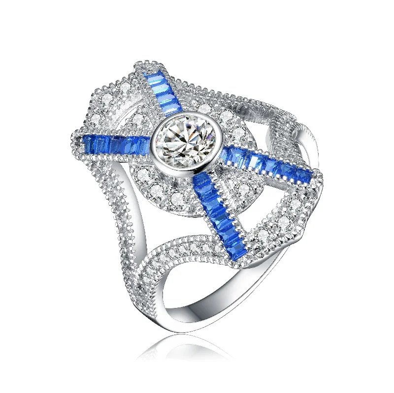 women’s rings with sapphire diamonds-GENEVIVE Sterling Silver Sapphire Cubic Zirconia Geometrical Coctail Ring