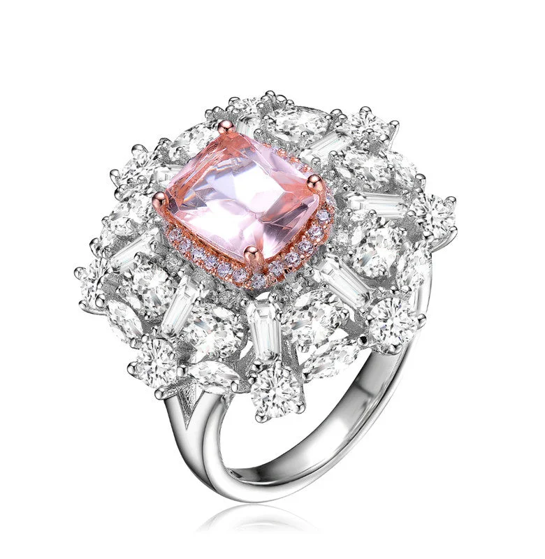 women’s wedding rings with diamonds-GENEVIVE Sterling Silver Two Tone Morganite Cubic Zirconia Cocktail Ring