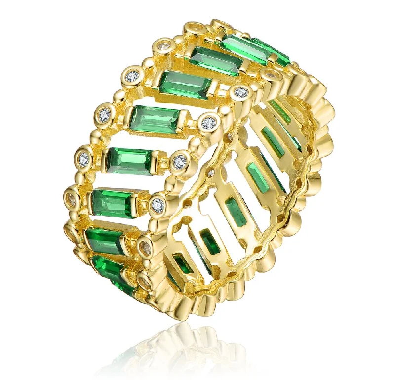 engagement rings for men with diamonds-GV Sterling Silver 14k Yellow Gold Plated with Emerald & Baguette Eternity Band Ring