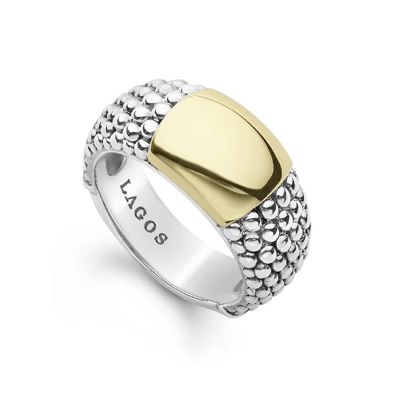 rings with unique diamond settings for men-High Bar Two-Tone Station Caviar Ring