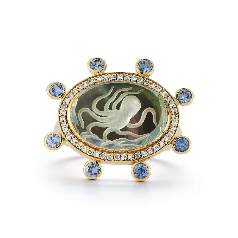 affordable wedding rings for women-Large Octopus Caspian Ring- Grey Mother-of-Pearl, Diamond and Light Sapphire