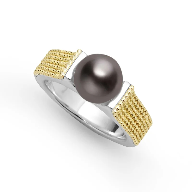 vintage wedding bands-Luna Two-Tone Tahitian Black Pearl Ring