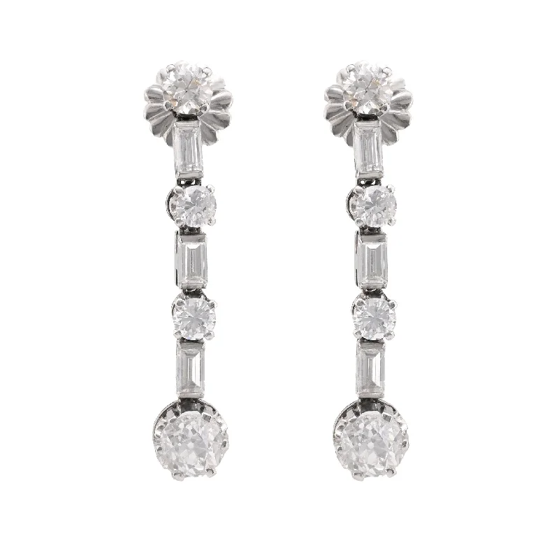 Simple gemstone drop earrings -Mid-Century 4.2 Carat Total Weight Diamond Platinum Drop Earrings