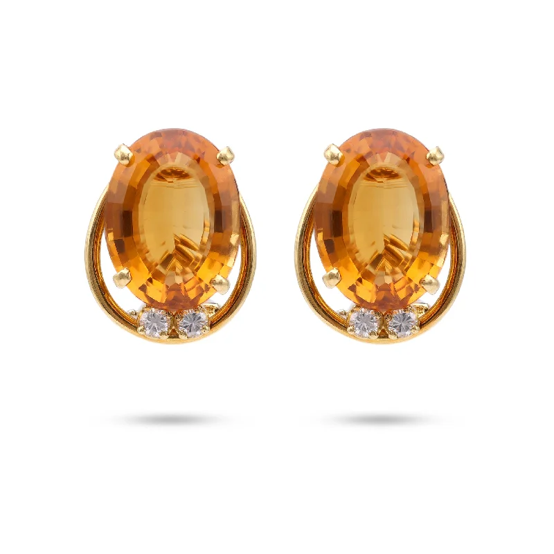 Bold silver earrings -Mid-Century Citrine Diamond 18k Yellow Gold Clip On Earrings