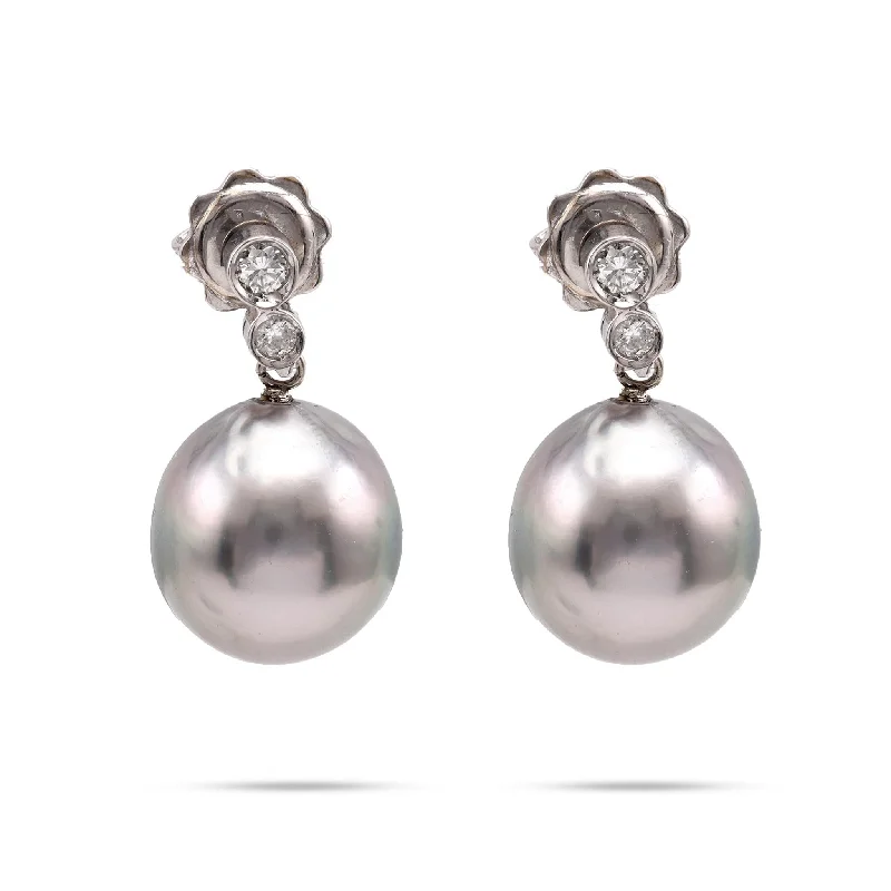 Trendy gold hoop earrings -Modern Pearl Diamond 18K White Gold Drop Earrings