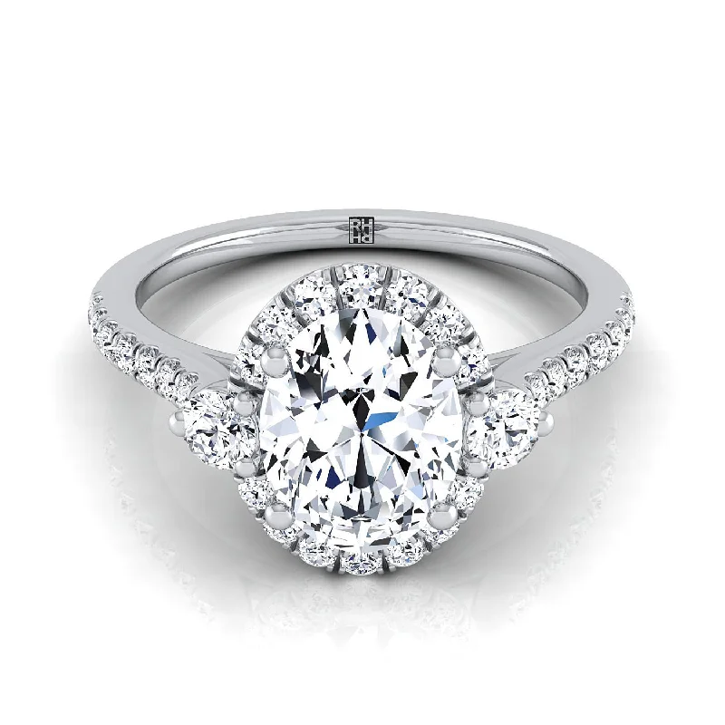 best engagement rings for men-14K White Gold Oval Diamond Three Stone Delicate Halo Engagement Ring -1/3ctw