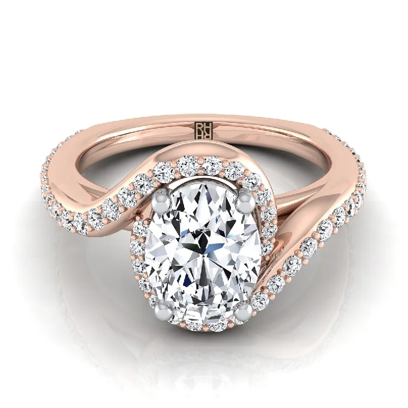 engagement rings with unique diamond shapes-14K Rose Gold Oval Diamond Pave Halo Twist Swirl Engagement Ring -1/2ctw