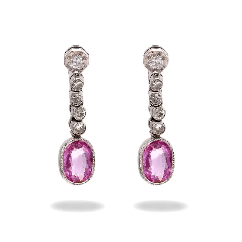 Geometric drop earrings -Pink Sapphire and Diamond Drop Earrings