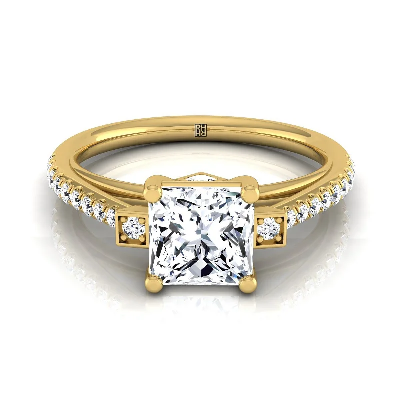 affordable engagement rings-14K Yellow Gold Princess Cut Diamond Delicate Three Stone Pave Engagement Ring -1/3ctw