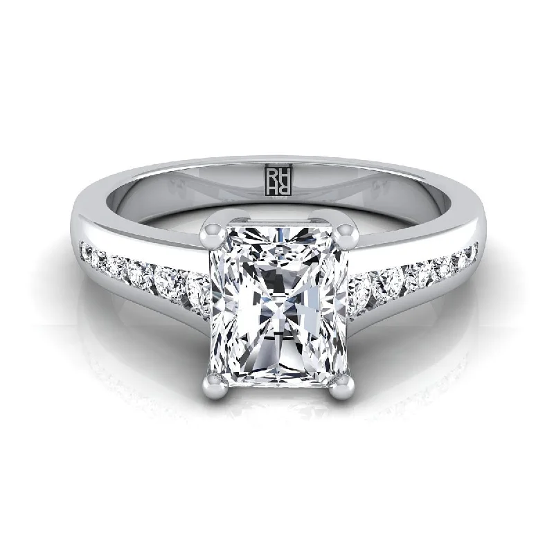 men’s wedding rings with engravings-18K White Gold Radiant Cut Center Contemporary Tapered Diamond Channel Engagement Ring -1/6ctw