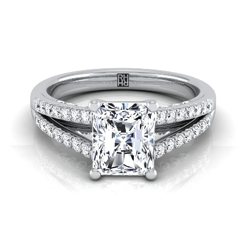 wedding bands for men with unique gemstones-14K White Gold Radiant Cut Center Diamond Split Shank French Pave Engagement Ring -1/3ctw