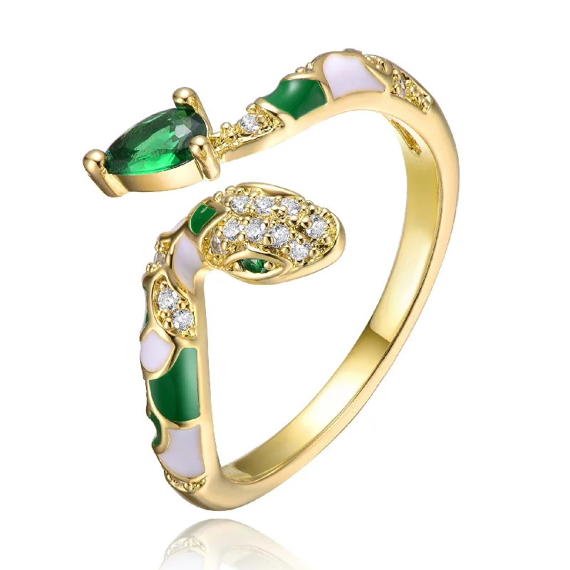 vintage engagement rings-RG 14k Yellow Gold Plated with Emerald & Cubic Zirconia Coiled Snake Serpent Open Bypass Cuff Ring