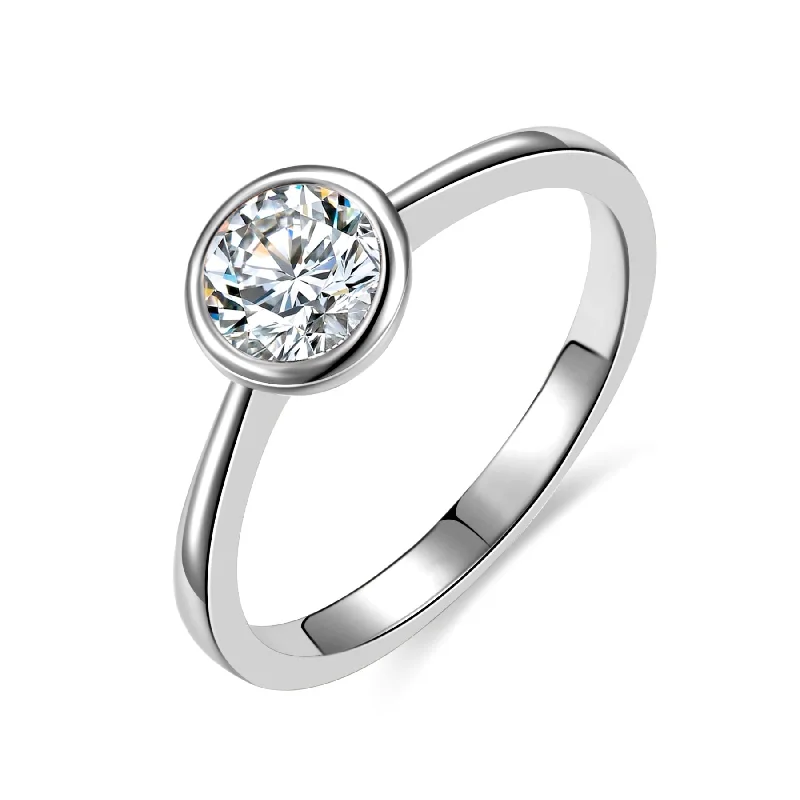 rings with unique gemstone settings for men-Rg White Gold Plated with Diamond Cubic Zirconia Bezel Solitaire Ring