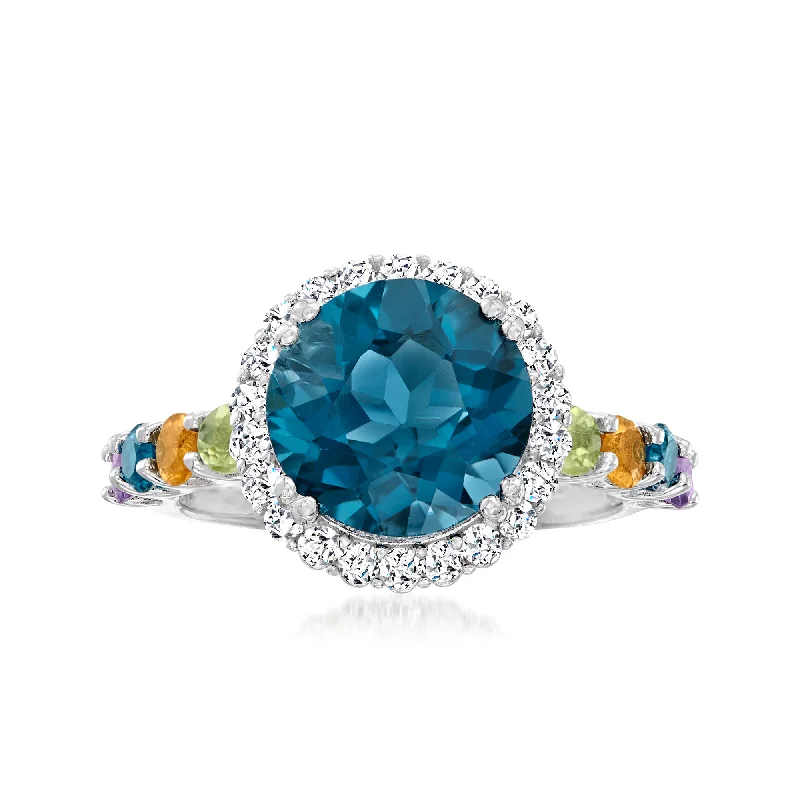 unique rings for men-Ross-Simons London Blue Topaz and Multi-Gem Halo Ring in Sterling Silver