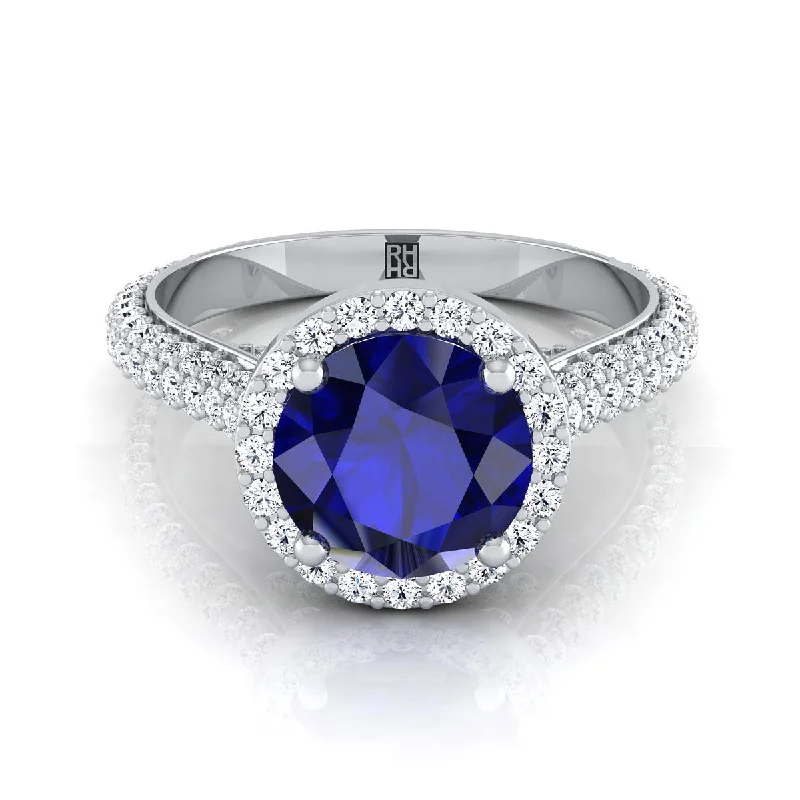 men’s titanium rings with sapphires-18K White Gold Round Brilliant Sapphire Micro-Pavé Halo With Pave Side Diamond Engagement Ring -7/8ctw