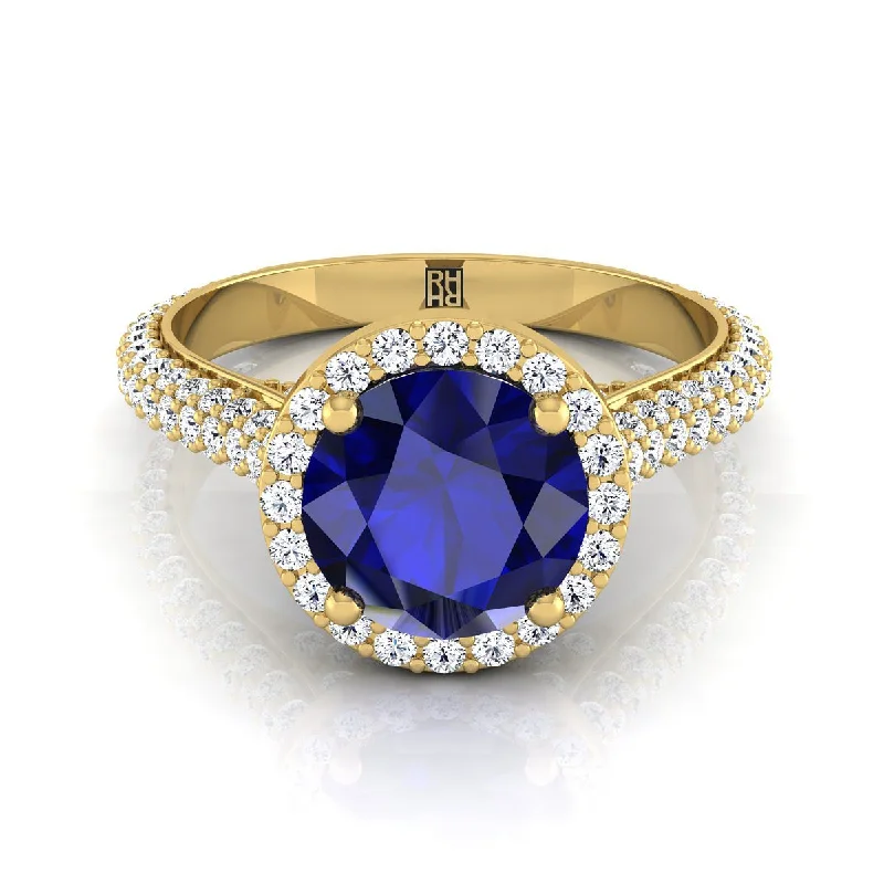 engagement rings with vintage settings-18K Yellow Gold Round Brilliant Sapphire Micro-Pavé Halo With Pave Side Diamond Engagement Ring -7/8ctw