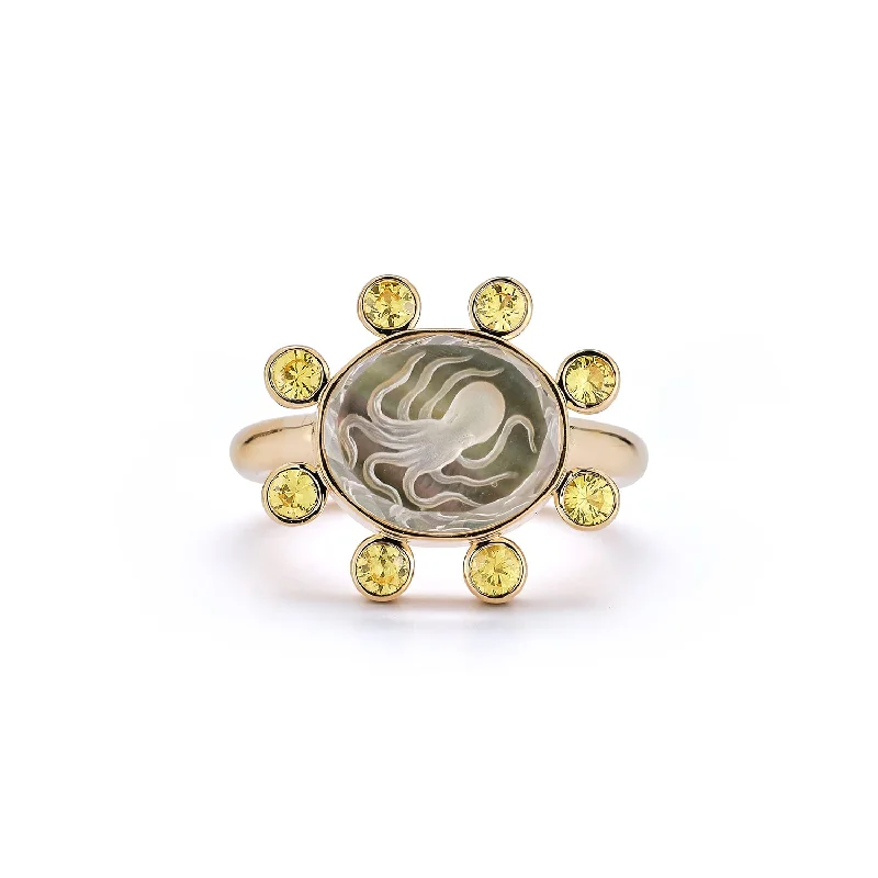 wedding rings with diamonds-Small Octopus Caspian Ring- Grey Mother-of-Pearl and Yellow Sapphire