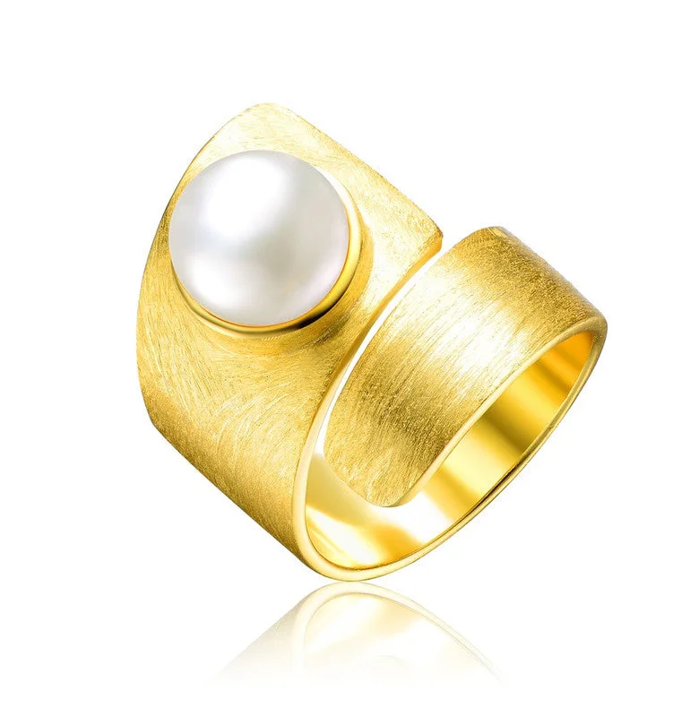 wedding ring sets for men-Sterling Silver 14k Gold Plated with Genuine Freshwater Pearl Modern Ring