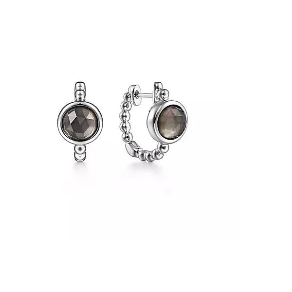 Oval-shaped earrings -Sterling Silver 15mm Rock Crystal & Black Mother of Pearl Huggie Earrings