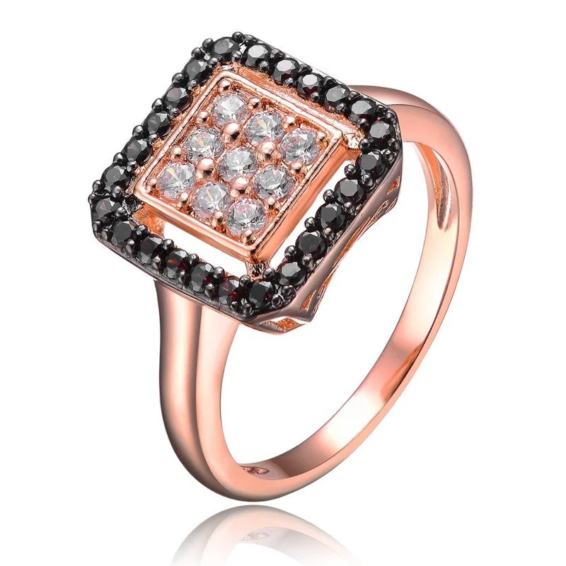 designer rings for men-Sterling Silver 18k Rose Gold Plated with Black and Clear Cubic Zirconia Pave Ring