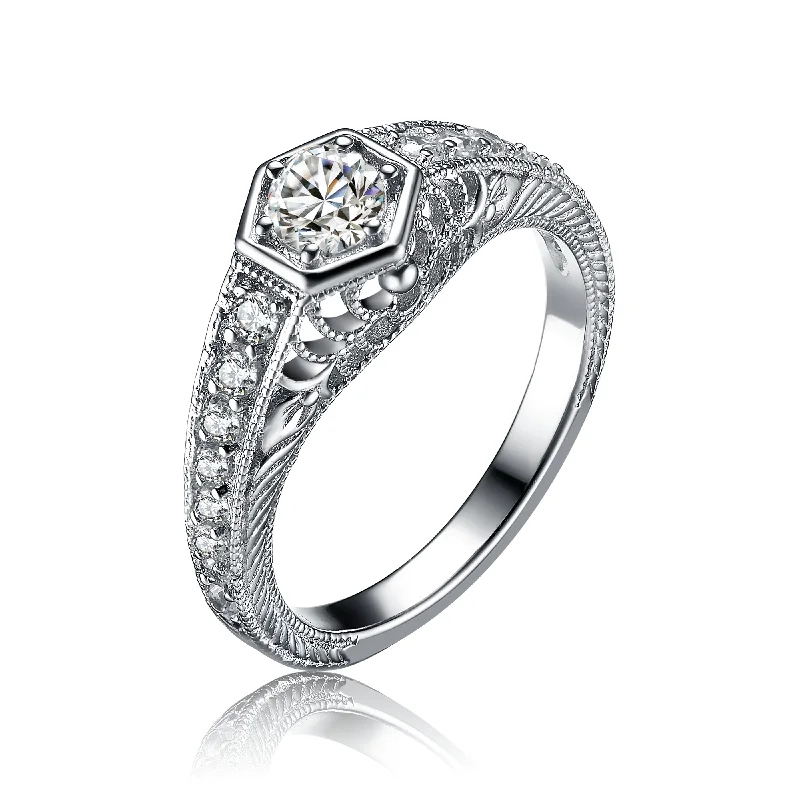 rings for men with gemstone inlays-Sterling Silver Art Deco Cubic Zirconia Geometric Engraved Pave Ring