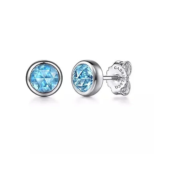 Modern stud earrings -Sterling Silver Round Blue Topaz Bezel Set Stud Earrings.