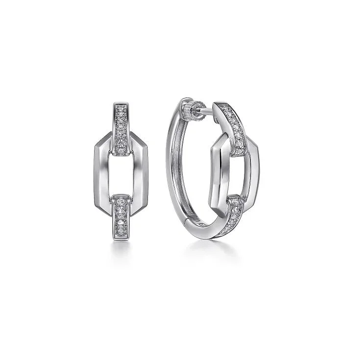 Diamond drop earrings -Sterling Silver White Sapphire Link Chain Hoop Earrings